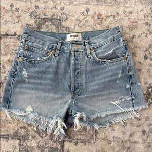 Agolde Light Blue Frayed Denim Shorts